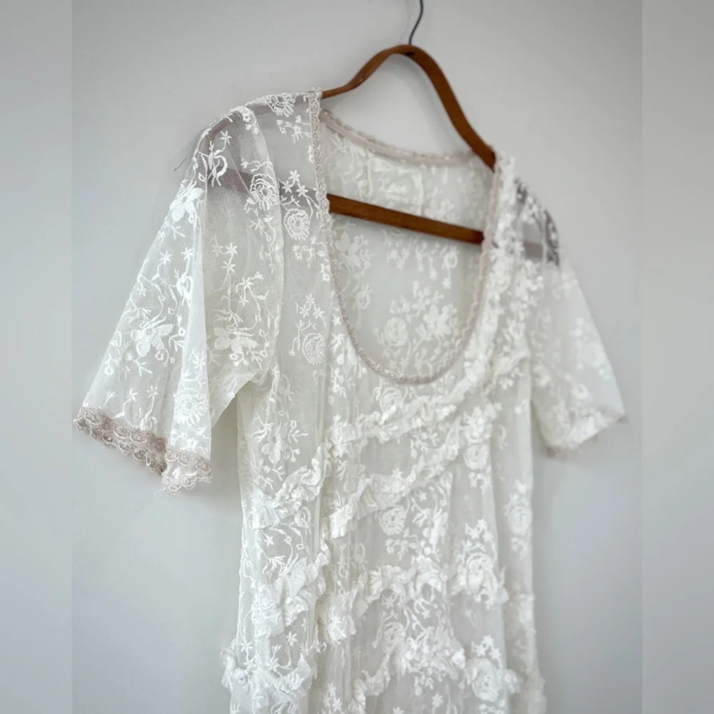 Johnny Was All White Lace Asymmetrical Short Sleeve Baby Doll Dress - Picture 6 of 13